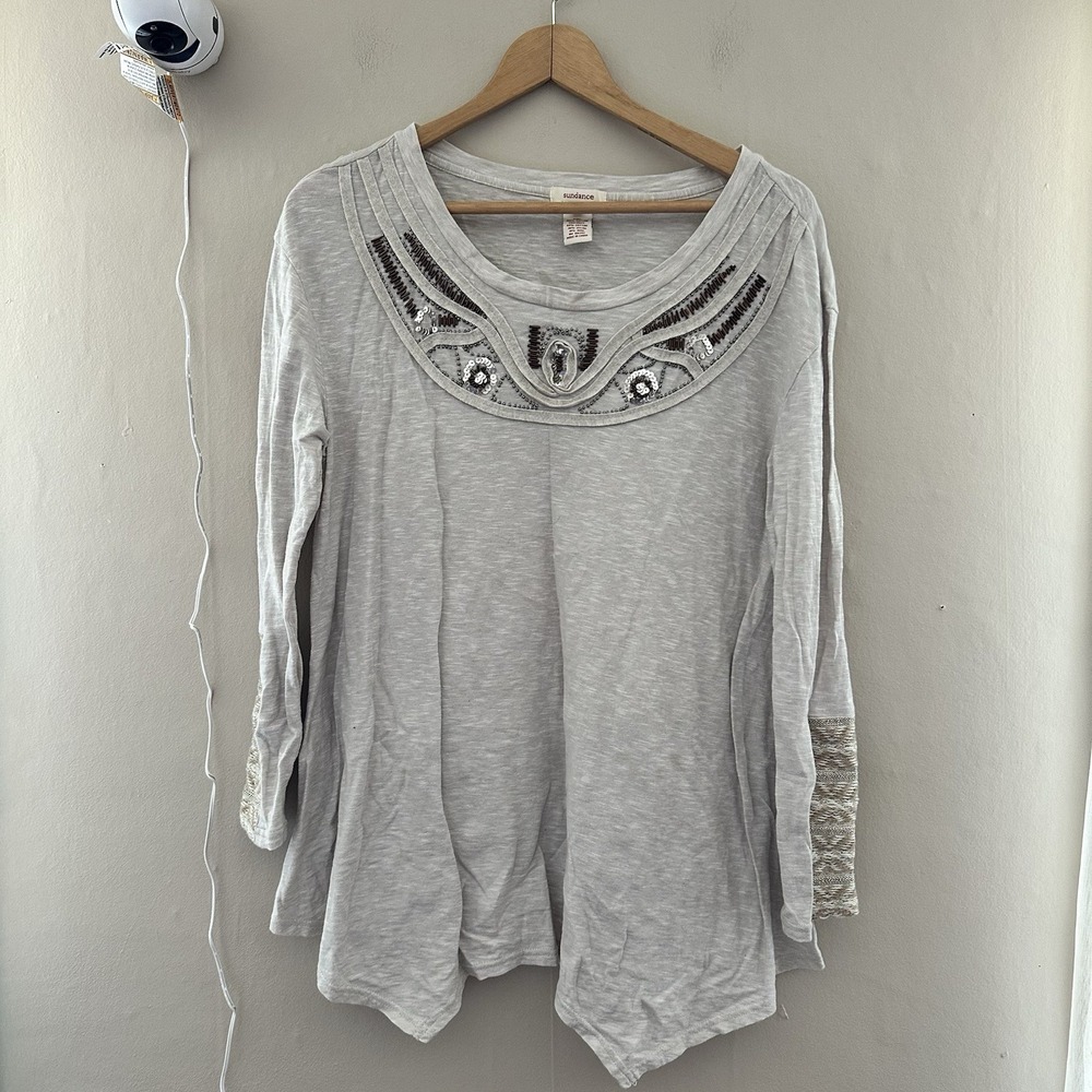 Sundance Womens Boho Beaded Oversized Tunic Top Size S Gray Hanky Hem Indie
